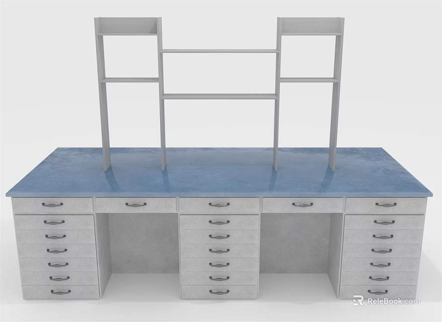 Functional Desk with Blue Tabletop Multiple Drawers and Upper Shelves for Organized Workspace 3d model 