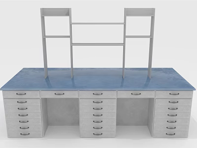 Functional Desk with Blue Tabletop Multiple Drawers and Upper Shelves for Organized Workspace 3d model