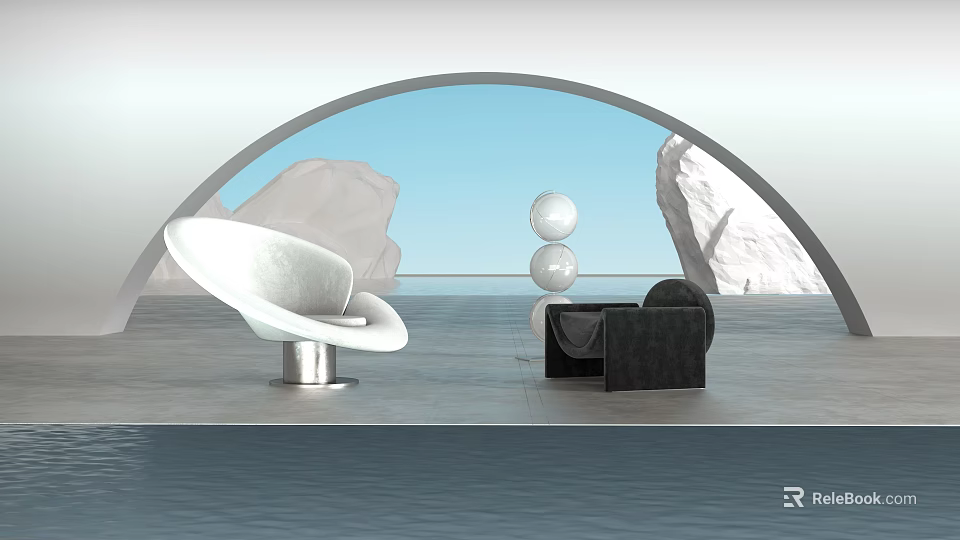 Stylish Modern Accent Chairs In Interior Space With Spherical Ornaments And Rock Backdrop 3d model 