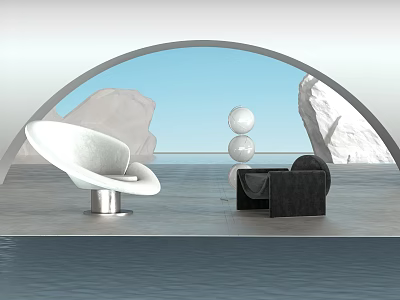 Stylish Modern Accent Chairs In Interior Space With Spherical Ornaments And Rock Backdrop 3d model
