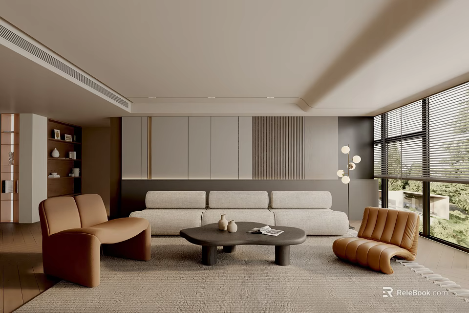 Modern Living Room Interior With Light Sofa Brown Armchairs Round Coffee Table And Large Windows 3d model 