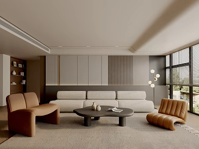 Modern Living Room Interior With Light Sofa Brown Armchairs Round Coffee Table And Large Windows 3d model