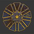 Rusty Yellow Blue Industrial Mechanical Wheel With Metal Frame And Circular Design