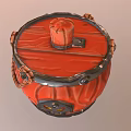Orange Barrel shaped Decorative Ornament With Red Lid Silver Metal Rings Rope And Skull Design