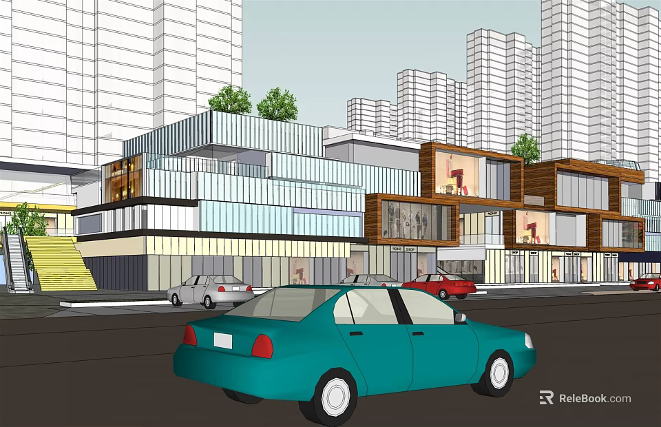 Modern Commercial Street Featuring Multi Story Glass Buildings Street Cars And Greenery 3d model 