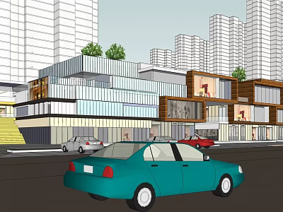Modern Commercial Street Featuring Multi Story Glass Buildings Street Cars And Greenery 3d model