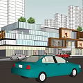 Modern Commercial Street Featuring Multi Story Glass Buildings Street Cars And Greenery