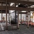 Traditional Farm Tools Exhibition In Ancient Architecture With Brick Wall And Wooden Frames
