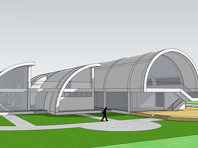 Modern Office Building Exterior With Curved Roof Glass Elements Lawn And Walkway 3d model