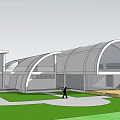 Modern Office Building Exterior With Curved Roof Glass Elements Lawn And Walkway