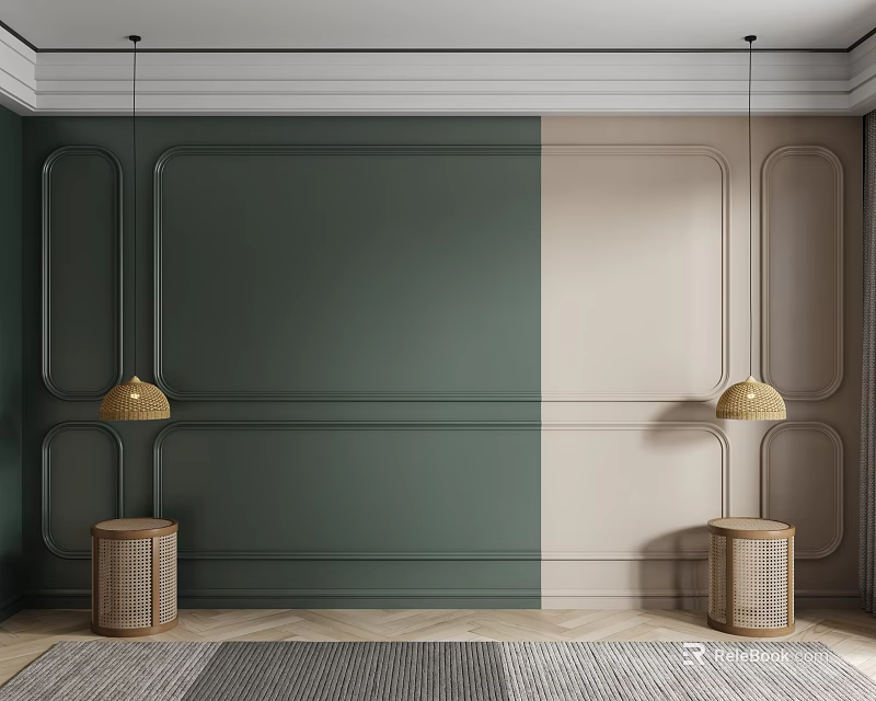 Green And Beige Paneled Accent Wall With Gold Pendant Lights Woven Stools And Herringbone Rug 3d model 