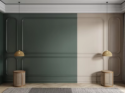 Green And Beige Paneled Accent Wall With Gold Pendant Lights Woven Stools And Herringbone Rug 3d model