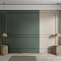 Green And Beige Paneled Accent Wall With Gold Pendant Lights Woven Stools And Herringbone Rug