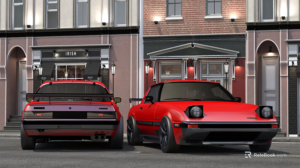 Vintage Red And Purple Sports Cars Parked On City Street With Urban Buildings 3d model 