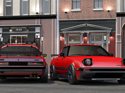 Vintage Red And Purple Sports Cars Parked On City Street With Urban Buildings 3d model