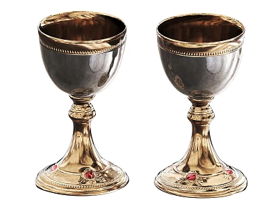 Two Gold And Silver Cups With Intricate Carvings And Red Gemstone Bases 3d model