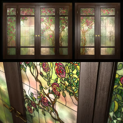 Stained Glass Casement Windows With Rose Patterns And Wooden Frame Design 3d model
