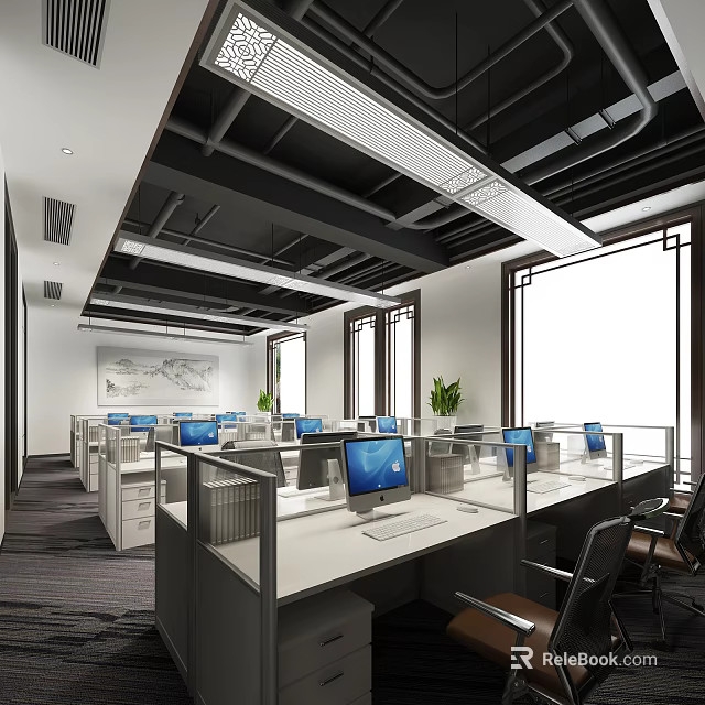 Bright Public Office Area With Cubicles Computers Large Windows And Green Plants 3d model