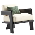 Beige Upholstered Accent Chair with Black Wooden Armrests and Green Striped Pillow