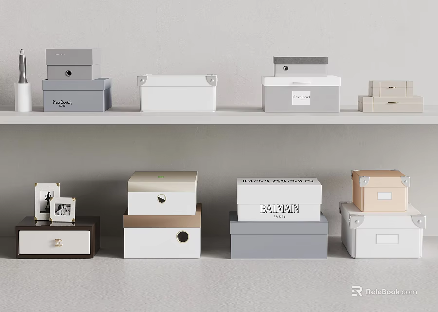 Stylish Storage Boxes In Various Colors And Designs On Display Shelves 3d model