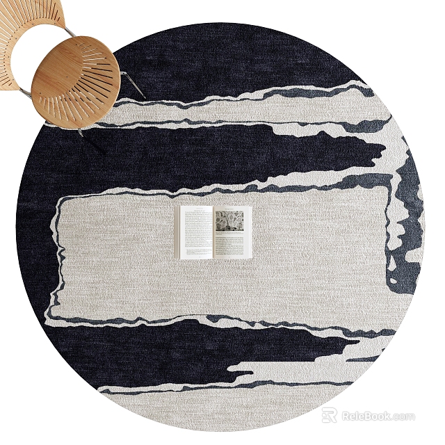 Round Rug With Navy Blue Gray Abstract Design And Open Book By Wooden Chair 3d model 