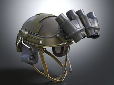Tactical Military Helmet With Mounted Binoculars And Adjustable Strap Gear 3d model