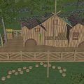 Wooden Outdoor Children's Play Area With Playhouses Windmill Platform And Lush Trees
