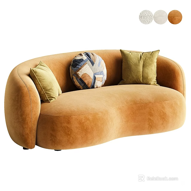 Orange Curved Velvet Double Sofa With Green Square Pillows And Geometric Cushion 3d model 