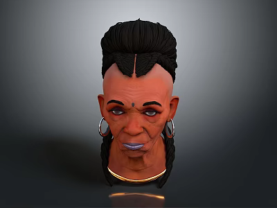 3D Head Model With Unique Black Hairstyle Large Hoop Earrings Gold Necklace And Facial Features 3d model