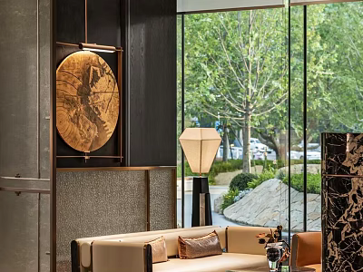 Modern Luxurious Sales Office With Chinese Circular Painting Floor-to-ceiling Windows Greenery Sofa Table Lamp 3d model