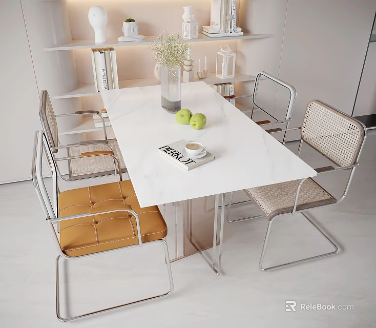 Modern Dining Table Set With Marble Top Metal Frame Rattan Chairs Vase Green Apples Book 3d model 
