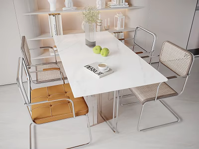 Modern Dining Table Set With Marble Top Metal Frame Rattan Chairs Vase Green Apples Book 3d model