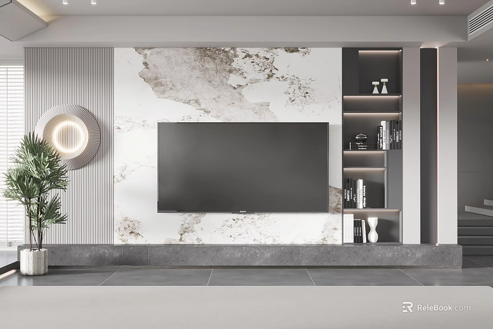 Elegant Modern TV Wall Interior Design With Marble Texture Decorative Shelves And Round Mirror 3d model 