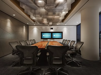 Modern Conference Room With Wooden Table Black Office Chairs Large Screen And Unique Ceiling Design 3d model