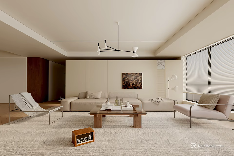 Modern Living Room Interior With Beige Sofa Wooden Coffee Table Rug And Wall Painting 3d model 
