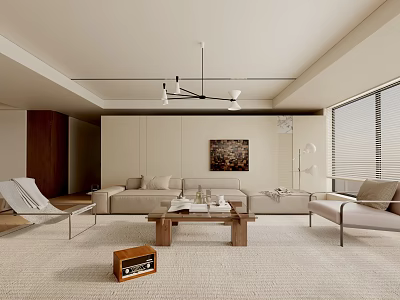 Modern Living Room Interior With Beige Sofa Wooden Coffee Table Rug And Wall Painting 3d model