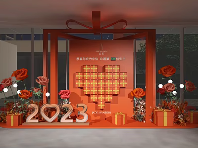 Orange Themed Event Decoration With Heart Shape 2023 Numbers Gift Boxes And Roses 3d model