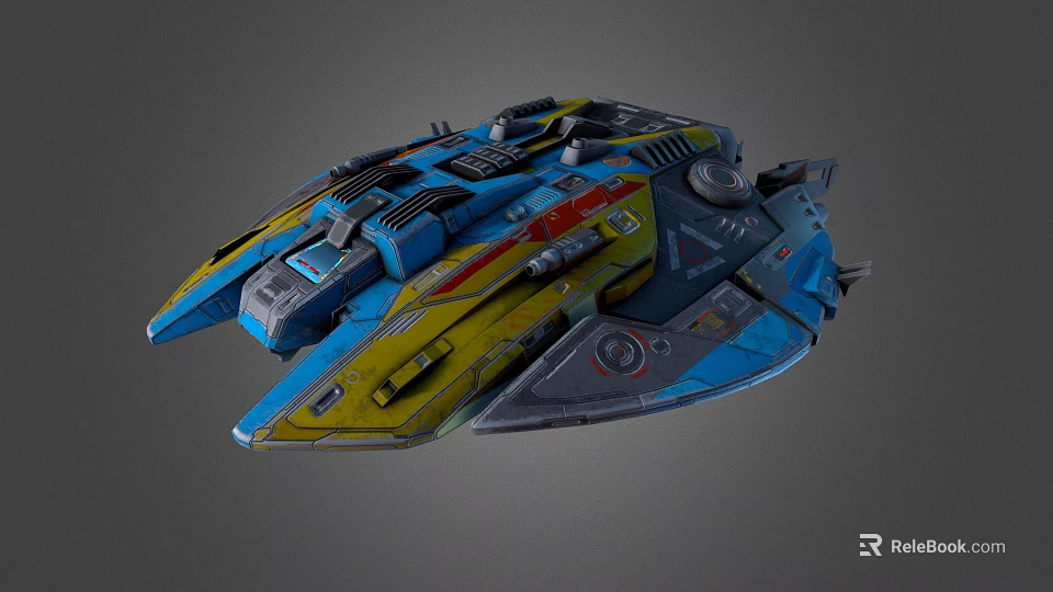 Detailed Colorful Interstellar Spaceship With Blue Yellow Hull Engines And Cockpit 3d model 