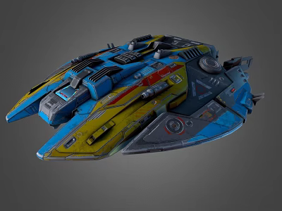 Detailed Colorful Interstellar Spaceship With Blue Yellow Hull Engines And Cockpit 3d model
