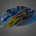 Detailed Colorful Interstellar Spaceship With Blue Yellow Hull Engines And Cockpit