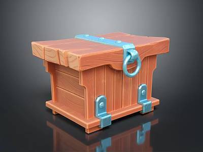 Wooden Storage Chest With Blue Metal Clasps And Ring Handle For Home Use 3d model
