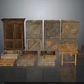 Old Vintage Wooden Furniture Collection With Cabinet Crates Table And Chair