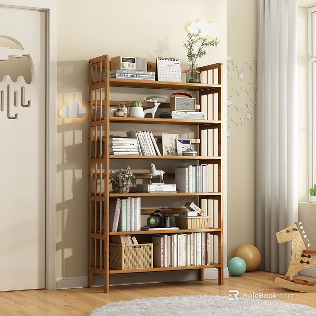 Modern Cozy Wooden Bookcase Interior With Books Decorations Plants Photo Frames And Basket 3d model 
