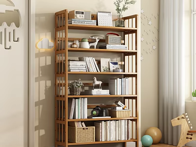 Modern Cozy Wooden Bookcase Interior With Books Decorations Plants Photo Frames And Basket 3d model