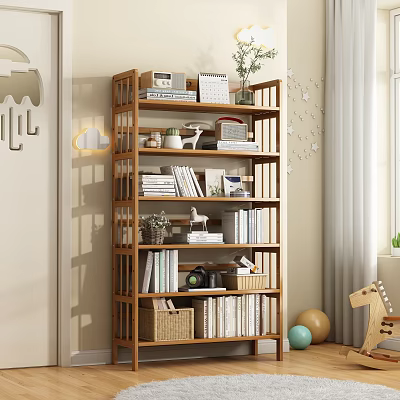 Modern Cozy Wooden Bookcase Interior With Books Decorations Plants Photo Frames And Basket 3d model