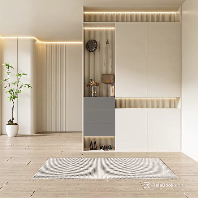 Modern Light Colored Shoe Cabinet With Drawers Storage And Potted Plant Wall Clock Bag Shoes 3d model 