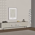 Modern TV Stand With Drawer Open Compartment Decorative Items And Floor Lamp On Textured Wall