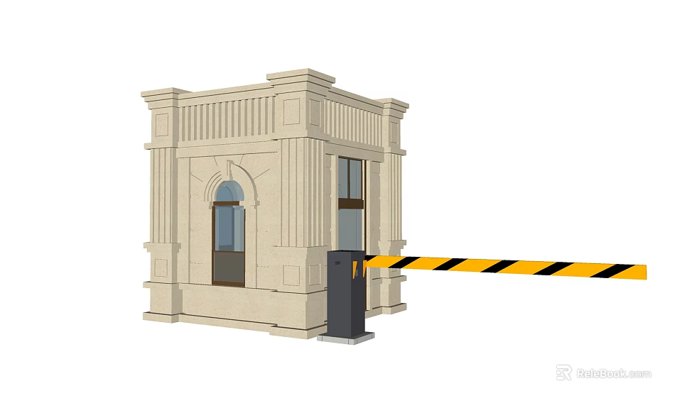 Beige Stone Security Booth With Arched Rectangular Windows Black Barrier Gate And Yellow Black Stripes 3d model 