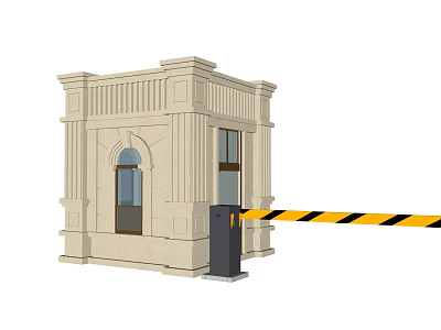Beige Stone Security Booth With Arched Rectangular Windows Black Barrier Gate And Yellow Black Stripes 3d model