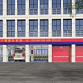Red Fire Truck Parked On Blue Floor With White Pillars Yellow Seats And White Ceiling